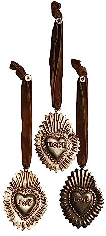 CHEHOMA - 46402910 3 herzförmige Ex-Voto-Anhänger Love, Joy & Hope Mit Samtband-Vintage-Schmuck Set Votiv-Anhänger - 8 x 5 cm