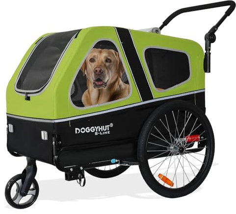 Doggyhut S-Line XL Remolque de bicicleta para perros y cochecito con suspensión 2 en 1 Remolque de bicicleta para perros y corredor con suspensión hasta 45 kg (Verde/Negro)