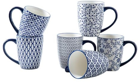 Cerkik Keramik Kaffeebecher Set - 470 ml große Porzellan-Teebecher mit Henkel für Frauen Männer Kakao Cappuccino Latte - Weihnachten Housewarming Geschenk - Set von 6 - Vintage Blau