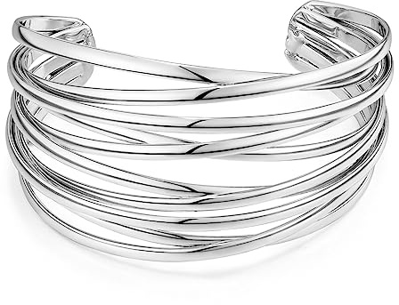 LILIE&WHITE Brazalete Plata Mujer Pulsera Abierta De Múltiples Hilos, Metal Hipoalergénico, No Se Decolora, Estilo Moderno Y Elegante, Regalo Para Ella