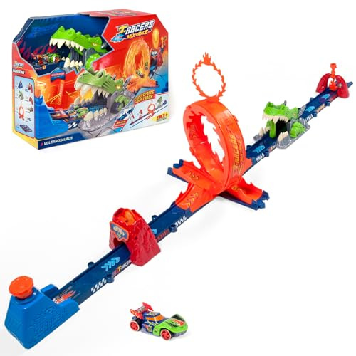 T-Racers Mix ‘N Race Volcanosaurus Pista para Coches de Juguete T-Racers, Contiene 1 Disparador, 3 Pistas, 1 Coche Exclusivo Nitro Rex y 4 Acrobacias