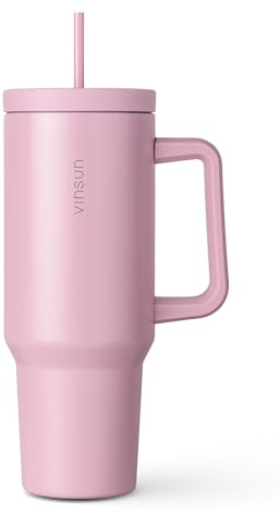 VINSUN Thermobecher 1200ml Pink mit Strohhalm und Henkel - Tumbler Mug 40oz - Kaffee, Tee, Eiskaffee - isolierter Edelstahl Becher für Urlaub, Auto, Uni