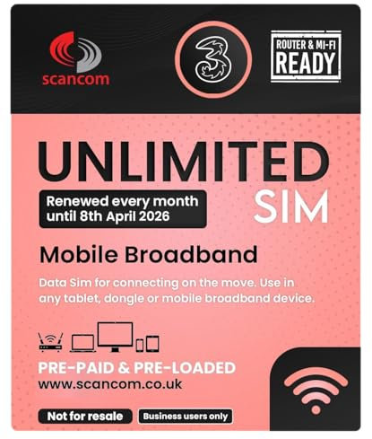 Three Unlimited Data SIM - Uncapped 5G - Preloaded MONTHLY Until April 2026 - Plug & Play for Routers & Phones - Access to Three & Vodafone - Connects to the Strongest Signal available