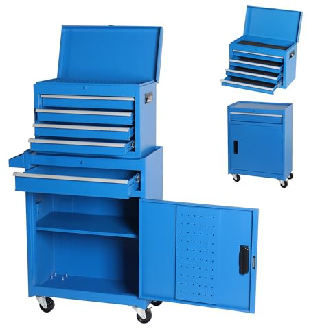 nifoti 5 Drawers Tool Cart on Wheels with 1 Cabinet, Multifunctional Removable Rolling Tool Chest Storage Set, Tool Trolley Organizer Tool Box for Garage,Warehouse,Workshop,Repair Shop (Blue)