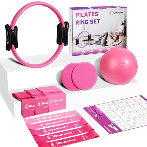 Goocrun Pilates Ring Set Esercise Equipment with Exercise Bands Resistance Set, Pilates Ball, Sliding Disks - Workout Equipment Home Gym Includes Complete Fitness Poster (Pink)