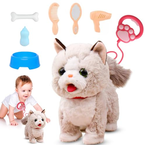 Jouet électronique interactif pour chat avec laisse, chaton en peluche pour enfants, qui court, miaule, remue la queue et bouge la langue, jouet pour chat à partir de 3, 4, 5, 6 animaux de compagnie
