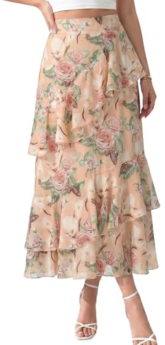 DERAX Women's Boho Flowy White Maxi Skirt Flared Ruffle Elastic Waist Summer A Line 2026 Spring Long Skirts, Apricot a, M