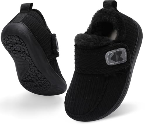 JOINFREE Girls Boys Slipper House Shoes Width Fit Furry Slippers Toddler Indoor Outdoor Shoe Kids Winter Barefoot Black 6 UK Child Wide
