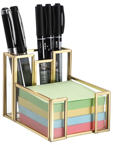 BTSKY Glass Sticky Note Holder with Pen Holder, 3 x 3 Inch | Clear, Desktop Notepad Storage, Office Home Desk Organizer, Gold Rim, For Student Teacher and Office Staff