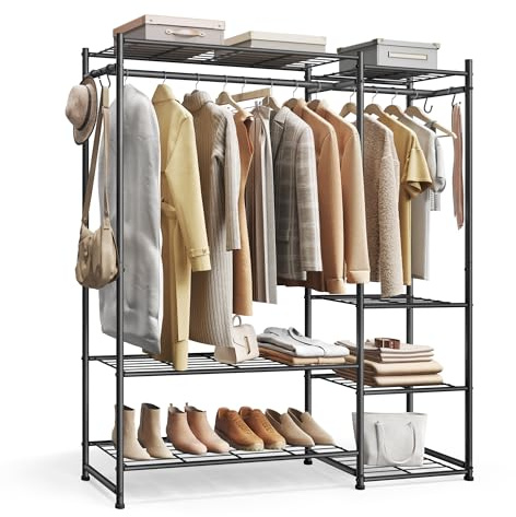 SONGMICS Perchero, Armario Abierto, Guardarropa con 7 Estantes, 2 Barras para Perchas, 4 Ganchos en S, Metal, para Dormitorio, Salón o Recibidor, Negro LGR010BZ01