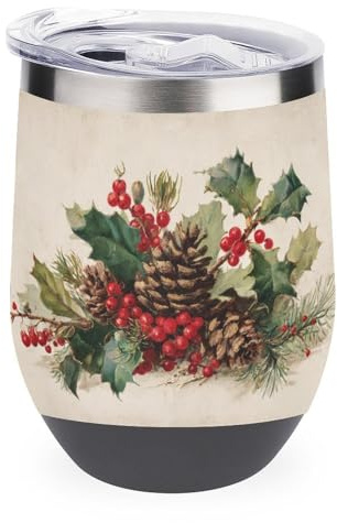 Jubonexis Vaso de vino con diseño botánico vintage de hojas de acebo, de acero inoxidable, con aislamiento de doble pared, con tapa, 355 ml