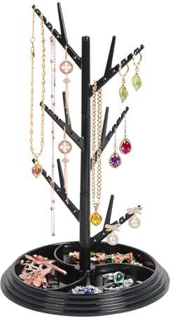 Minicoco Jewellery Tree Stand, Hanging Jewellery Organiser Tower Rack for Necklaces Earrings Rings Bracelets, Tabletop Display Holder for Dressing Table Bedroom Bathroom Office Decor (Black)