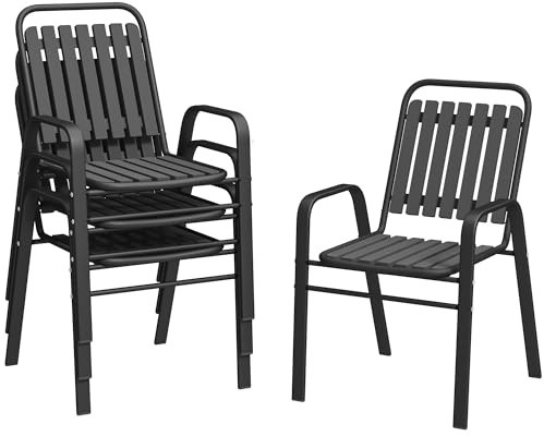 Outsunny Set 4 Sedie da Giardino Impilabili con Schienale Alto e Braccioli, Sedie da Esterno in Plastica PP e Acciaio, da Patio, Balcone, Terrazza, Esterno e Interno, 56x66x91 cm, Nero