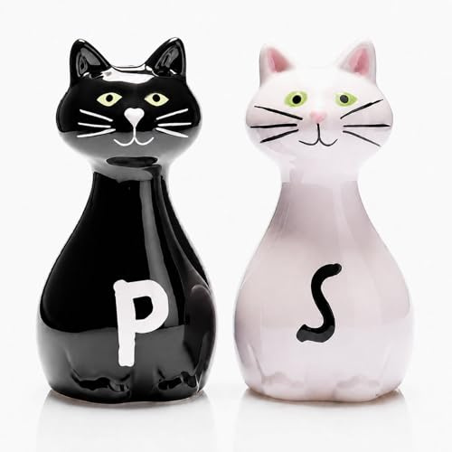 2er-Set Salz- und Pfefferstreuer Set im Katzen-Design, alltagstaugliches Keramik, Schwarz und Weiß, 9,5 cm hoch, ideale Küchen Deko, leicht zu befüllen, zum Verlieben hübsch, handbemalt