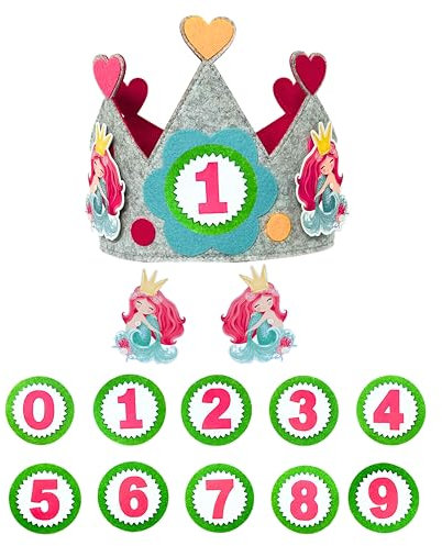 MAXI NONA MAXINONA.COM Filz-Geburtstagskrone mit 2 Meerjungfrauen – Kinderkrone mit Zahlen zum Wechseln, Klettverschluss – Perfekt für 1. Geburtstag Mädchen