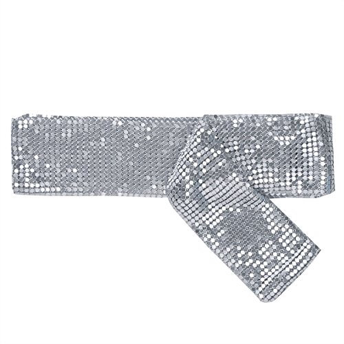 ranrann Damen Glitzernder Schal Halstuch Metallic mit Strass Lange Kette Krawatte Schmuck Zubehör für Party Show Silvester Performance Fasching Silber One_Size