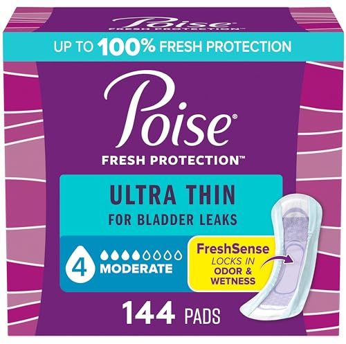 Poise Ultra Thin Incontinence Pads & Postpartum Pads for Bladder Leaks, 4 Drop Moderate Absorbency, Regular Length, 144 Count, Packaging May Vary