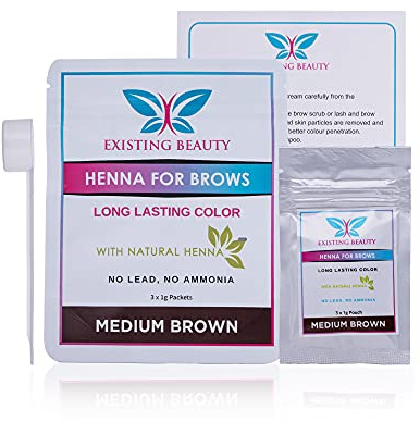 Medium Brown Eyebrow Henna Tint for Eyebrow Color- Professional Henna Brow Kit Including Use Instructions and Mixing Bowl 3x 1g Packets Brow Dye by Existing Beauty