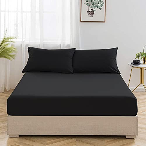 Hill Tag 25cm Extra Deep Fitted Bed Sheet, Wrinkle, Fade, and Stain Resistant Polycotton Fitted Sheet, Luxurious and Cosy Soft Non-Iron Bedding Fitted Bottom Sheets (Black, Double)