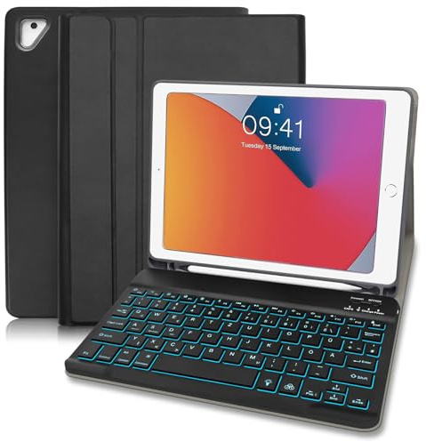 Hofsos für iPad 6. Generation Hülle mit Tastatur - Kompatibel mit iPad 5. Gen 2017 (Deutsches Layout) - Slim Schutzhülle mit Pencil Halter, Wireless Beleuchtete Tastatur, Schwarz