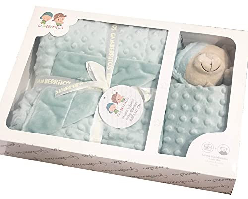 various Manta Burbuja y Dou Dou Osito Manta extrasuave + doudou Osito Tacto Aterciopelado, Set de Regalo Bebe, Lavable, Textura en Relieve (Verde)