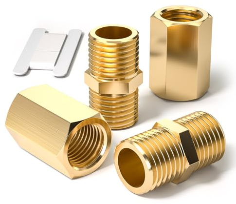 Bwintech 4 Pcs 1/4 to 1/4 Female & Male BSP Thread Brass Hex Nipple & Hex Coupling Connector for Pipe Connecting Conversion