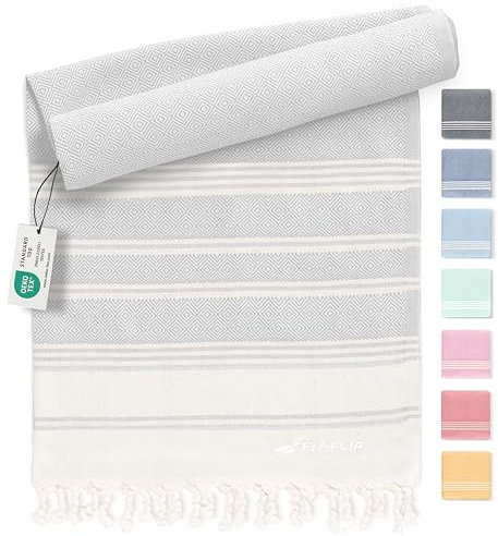 Fit-Flip Hamamtuch aus 100% Baumwolle – saugfähig und schnelltrocknend – türkisches Saunatuch, Strandtuch, Duschtuch, Badetuch, Yogatuch – Light Grey – 100x200cm Diamond