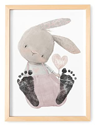DEL MÀ Unique & Personal Fußabdruck Baby Tierbild mit Hase personalisiertes Bild für Fußabdrücke Babyzimmer Deko Kinderzimmer Neugeborenen Geschenk zur Geburt (OHNE FARBE | DIN A3)