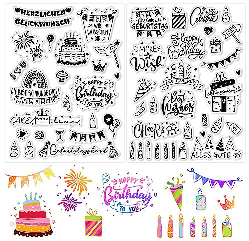 BETESSIN Silikon Stempel Geburtstag Transparent Stempel 2 Blätter Happy Birthday Clear Stamps Stempelmotive zum Kartenbasteln DIY Geschenk Scrapbooking