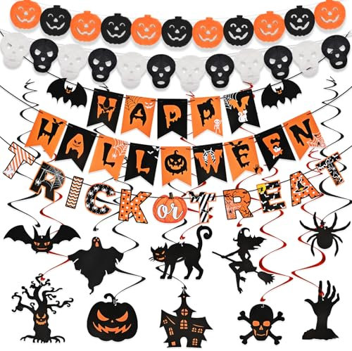 AhfuLife Halloween Party Banner Decorations, Reusable Happy Halloween Paper Banner for Home, Trick or Treat Sign, Hanging Swirl for Kids Indoor Home School Party Decorations