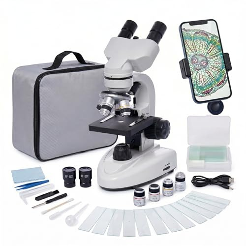 Microscopios binoculares, microscopios biológicos compuestos 200X-5,000X con multiplicador 6x, microscopio con juego de diapositivas de microscopio, adaptador de teléfono, microscopios biológicos para