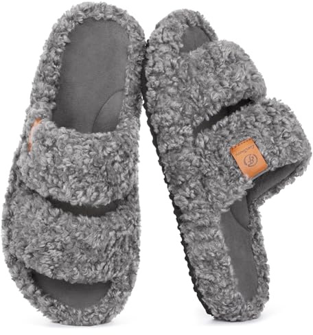 EverFoams Womens Fuzzy Open-toe Slippers Soft Comfy Memory Foam Indoor House Shoes Cool Gray,7-8 US