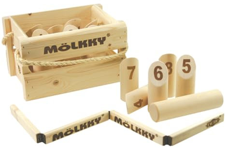 Mölkky Championship Kit - Birkenholz, 12 Skittles, 1 Stock mit Punkteblock, Heittokaari - Wurfspiele für Draußen, Garten, Strand, Freizeit, Party Spiel für Familie, Gruppen - AZ56992
