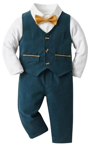 SoLu DAY8 Ensemble Bebe Garçon 4 Pieces 3-24 mois Costume Bébé Garçon Slim Fit élégant Bodys + Gilet + Pantalon + Noeud Papillon Complète Graduation Baptême Cérémonie Mariage Fête (9-12 mois, Bleu)
