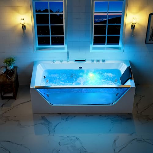 67 Whirlpool Hydro Massage Tub with Chromatherapy, Hydrotherapy Jetted Bathtub with Glass Panel, Acrylic Spa Tub with Center Drain, White