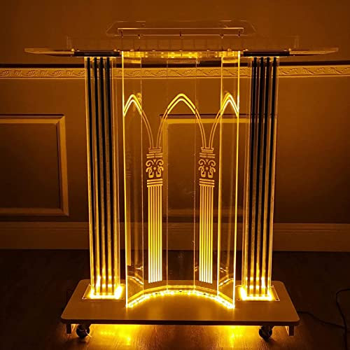 asdchZen Acryl Rednerpult Kanzel Bodenstehendes Podium Mit Rollen, Transparentes Luxuspodium Mit Licht, Kirche, Für Vortragsabend, Rede Und Präsentation Transparent