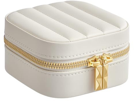 SONGMICS HOME ANAH Collection - Travel Jewellery Box, Small Jewellery Case Organiser with Mirror, 10.5 x 10.5 x 6 cm, PU Surface with Stitching, Portable, Zippers, Gift Idea, Cloud White JBC179W01