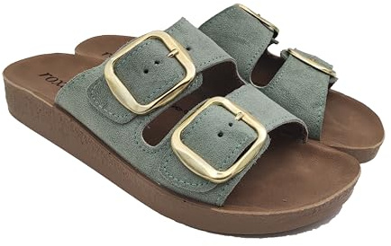 Roxanna Sandales Femme Double Sangle Réglable, Mules Été Décontracté en Cuir Écologique, Semelle Ergonomique, Chaussures Plage Maison (Pistache, 37)