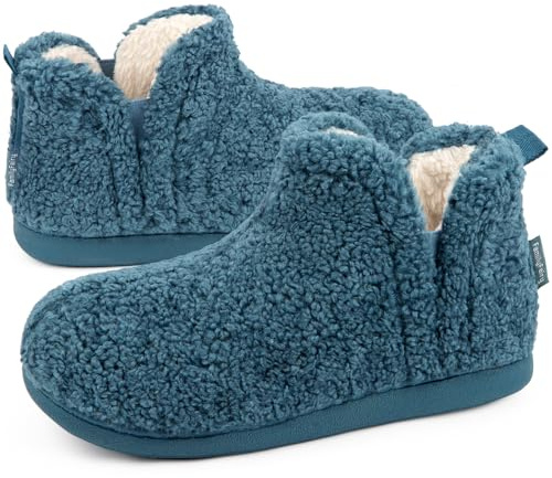 FamilyFairy Women's Memory Foam Boots Slippers Warm Shearling Bootie Soft Plush Fleece Comfy House Shoes Outdoor Indoor Rubber Sole Blue, 7-8