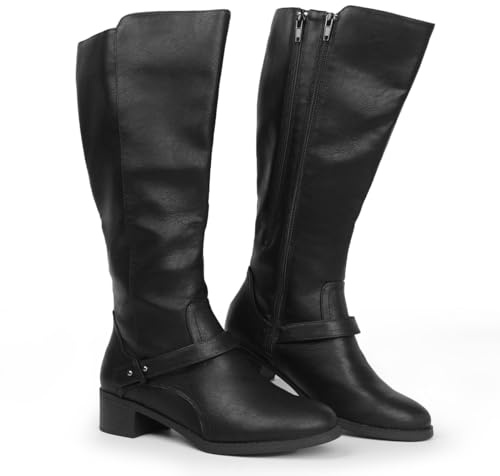 Hawkwell Botas de montar hasta la rodilla con doble cremallera y pantorrilla ancha para mujer, PU negro, EU39.5