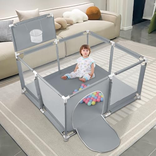 OHMG Laufstall Baby,Laufgitter Baby,Große Kinder Sicherheitsspielplatz,Kinderzaun mit Atmungsaktivem Netz,Tragbarer Laufstall für Drinnen und Draußen(126x126cmx66cm) (Dunkelgrau, 126 * 126 * 66cm)