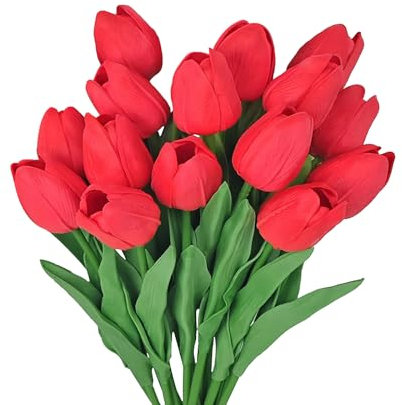 FAINCA 15 Pièces Tulipe Artificielle, Longueur 34 cm Touche Réaliste Tulipe Bouquet De Fleurs, Tulipes Artificielles, pour Bouquet De Mariage, Saint-Valentin (Rouge)