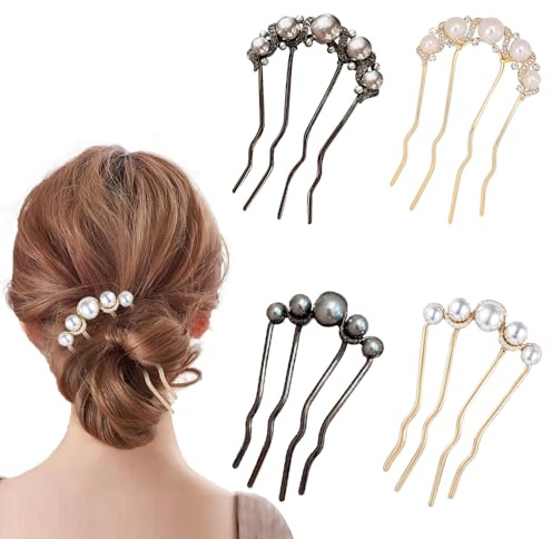 TRKETK 4 Pezzi Forcine per Capelli con Perle a Forma di U Pettini da Infilare Forcine in Metallo Clip Vintage per Capelli Elegante e Raffinato per Donne e Ragazze Styling Quotidiano