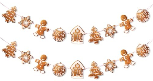 Calkkrer 2 Piezas de Guirnalda de Pan de Jengibre Navideño, Banderín Temático, Decoraciones Colgantes, Adornos para Árbol de Navidad, Banderín Navideño para Fiestas y Cel