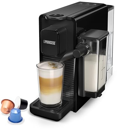 Princess Capsule and Latte Pro Capsule Coffee Machine, Compatible with Nespresso, Automatic Milk System, 20 Bar, 1400W, BPA-Free, Dishwasher-Safe Parts, Auto Shut-Off, 01.249455.02.001