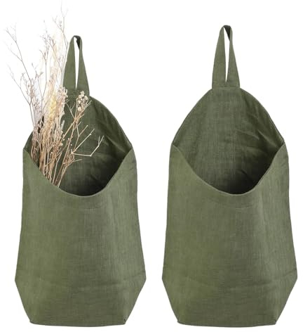 HSOFTIFY 100% Pure Linen Hanging Storage Baskets Set of 2, Small Wall and Door Storage Baskets for Kitchen,Dorm,Bedroom,Motorhome and Key Storage Basket,Army Green