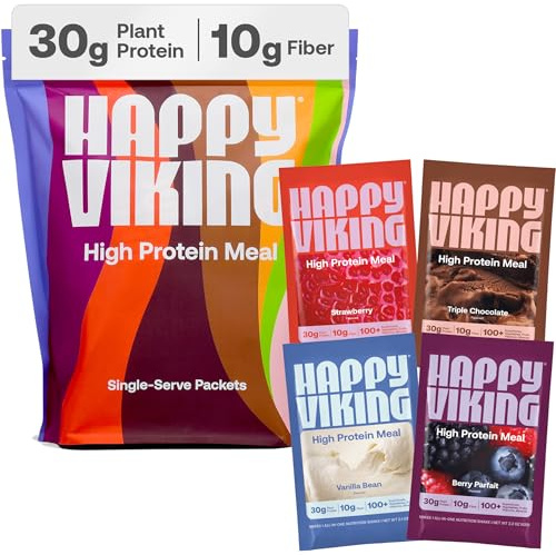 Happy Viking Plant-Based Protein Powder +100 Superfoods Meal Replacement Shake 12ct Variety Pack, Created by Venus Williams, 30g Plant Protein, 10g Fiber, Vegan, Gluten-Free, Non-GMO, 12 Meals
