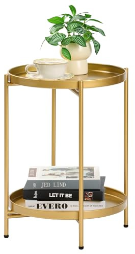Mordchil EU 2-Tier Round End Side Table, Small Metal Side Table with Removable Tray, Folding Accent Tables for Living Room, Balcony, Nightstand for Bedroom, Outdoor Tables for Patio, Gold