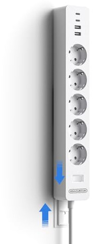 NTONPOWER 5-vägs strömlist med USB-C flera uttag överspänningsskydd väggmontering använd lim, vit