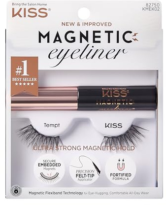 KISS Magnetic False Eyelashes and Eyeliner, ‘Tempt’, 14mm, Easy to Apply, Reusable, No Glue, Flexiband Technology, Precision Felt Tip, Fortified Formula, 1 Pair Strip Lashes